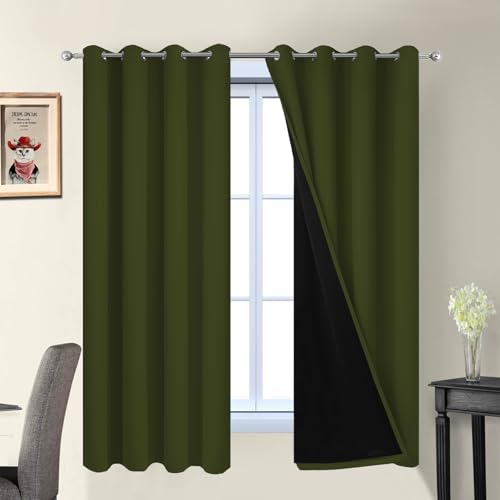 Olive Green 100% Blackout Curtains 63 Inches Long 52" Wide 2 Panels (52"W x 63"L (Pack of 2) / Olive Green)