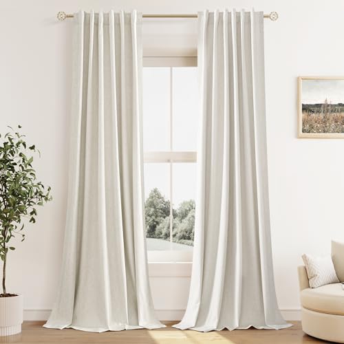 100% Blackout Linen Curtains for Bedroom 96 Inches Long 8 FT Natural Cream Black Out Curtain Back Tab Thermal Insulated Room Darkening Window Drapes for Living Room 2 Panels Beige Ivory 42x96 (Cream / 42"W x 96"L (Pack of 2))