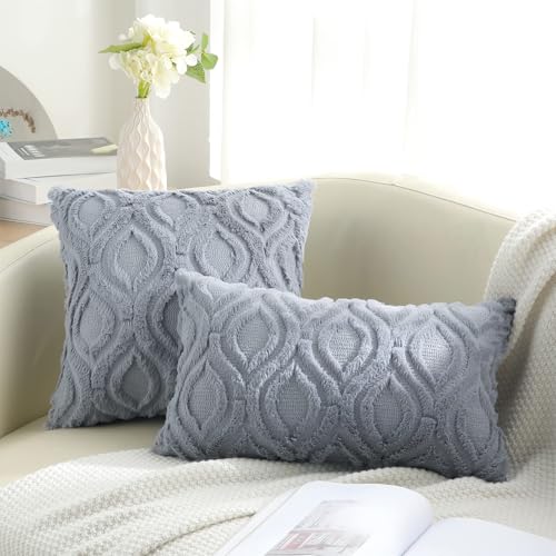 Faux Fur Plush Soft Blue Grey Throw Pillow Covers 24x24 Set of 2 (24" x 24" (Pack of 2) / Blue Grey)