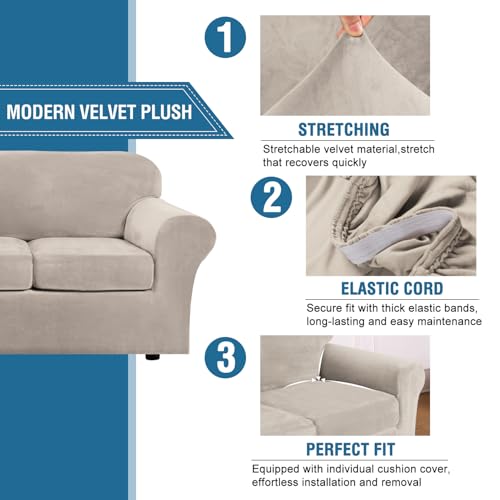 Modern Velvet Plush 4 Piece High Stretch Sofa Slipcover Furniture Protector Form Fit Velvet Extra Large Sofa Cover for 3 Cushion Couch Width Up to 105 Inch (3 Cushion XL Sofa / French Oak)
