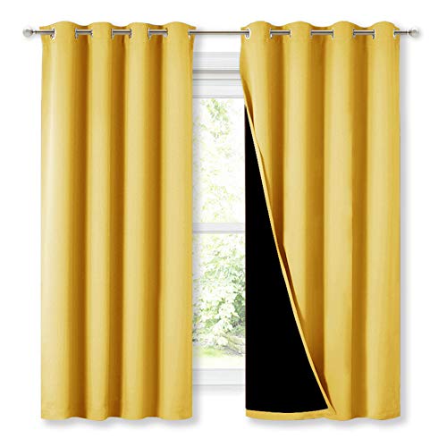 Blackout Lined Curtains for Kitchen Window (Bright Yellow / 52"W x 63"L (Pack of 2))