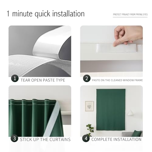 Blackout Curtains for Bedroom Stick On Curtains Window Shades Pull Down Blackout Window Cover No Drillng Self Adhesive Curtains No Rod Small Curtain (47"W x 71"L (Pack of 1) / Dark Green)