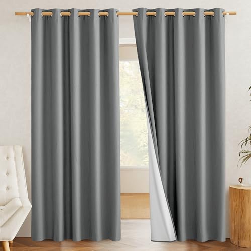 100% Absolutely Blackout Linen Curtains with Thermal Insulated White Liner (62"W x 84"L (Pack of 2) / Dove Grey)