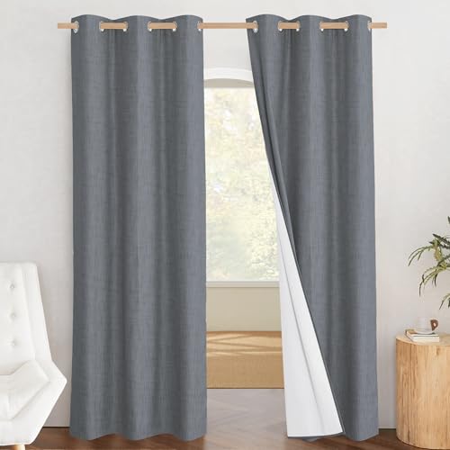 100% Blackout Linen Texture Curtains 90 inches Long (34"W x 90"L (Pack of 2) / Dove Grey)