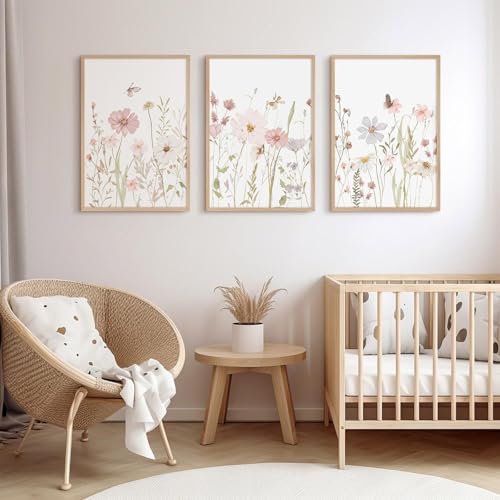 Wildflower Nursery Wall Art Pink Watercolor Floral Painting Baby Girl Nursery Canvas Wall Decor Vintage Botanical Flower Picture Boho Wildflower Prints for Bedroom 12x16x3 Inch Unframed (12x16 Inch Unframed / Pink Flowers Prints)