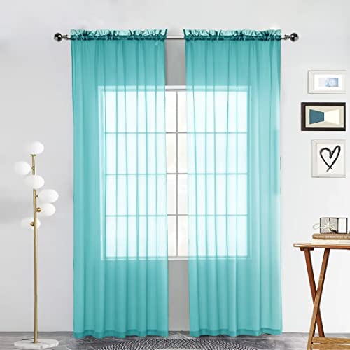 Sheer Voile Window Treatment. Rod Pocket Curtain Panels for Kitchen Bedroom Living Room Drapes Sunlight Filtering Privacy Semi Home Decor Assorted Colors Sizes (Turquoise / 52"W x 45"L (Pack of 2))