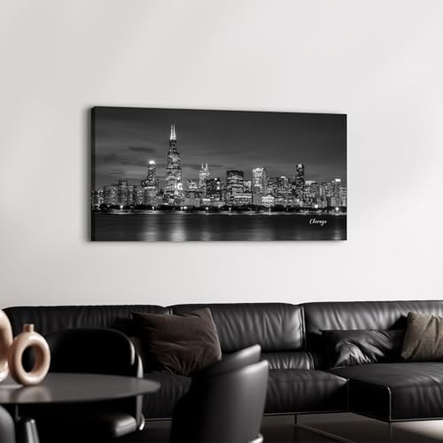 Chicago Skyline Wall Art Black and White City Canvas Prints for Living Room Modern Cityscape Painting Posters Chicago City Center Night View Pictures Aesthetic Artwork for Home Decorations 24x48" (48"L x 24"W / Chicago)