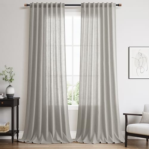 Light Gray Linen Curtains 96 Inches Long for Living Room Light Filtering Semi Sheer Curtain Back Tab Rod Pocket Textured Luxury Grey Simple Modern Drapes for Bedroom 52x96 (52"W x 96"L (Pack of 2) / Light Grey)