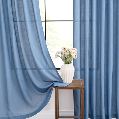 Denim Blue Curtains for Living Room Back Tab Modern Farmhouse Semi Sheer Blue Curtains 90 inches Long 2 Panels Set Muted Neutral Window Curtain for Dining Room Bedroom 52x90 (Denim Blue / 52"W x 90"L (Pack of 2))