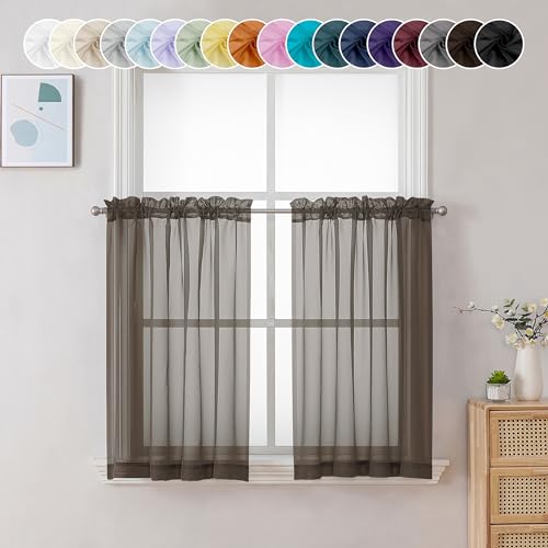 Sheer Chocolate Brown Tier Curtains 24 Inch Length (Chocolate Brown / 42"W x 24"L (Pack of 2))