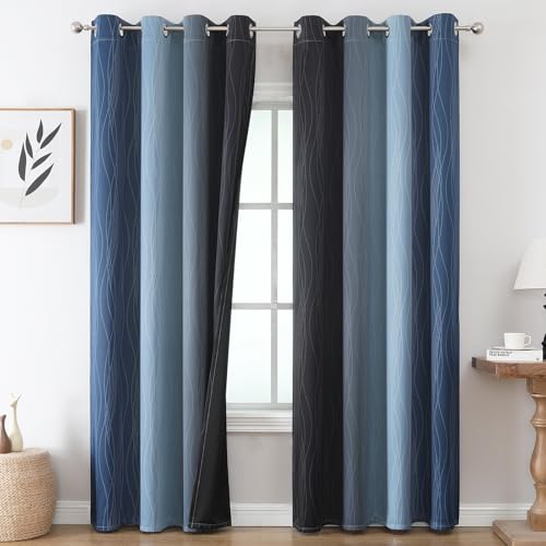 Navy Blue and Black Ombre Blackout Curtains for Living Room 90 Inch Length (Black and Navy Blue / 52"W x 90"L (Pack of 2))