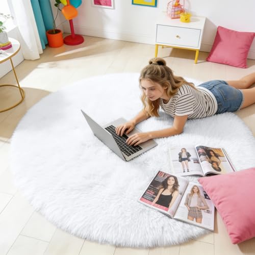 White Round Rugs for Bedroom (4 Ft Round / White)