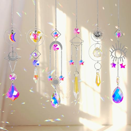 Sun Catchers 6Pieces Colorful Crystals Suncatcher with Chain (Silver New)