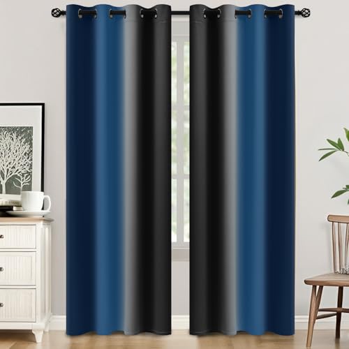 Ombre Blue and Black Room Darkening Curtains 84 inches Length (52"W x 84"L (Pack of 2) / Blue and Black)