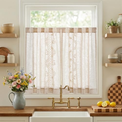Ivory Floral Linen Kitchen Tier Curtains 36 Inch (A| Ivory / 26"W x 36"L (Pack of 2))