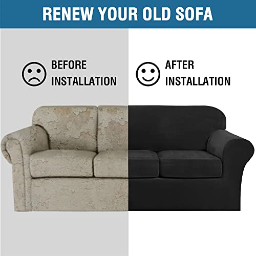 Modern Velvet Plush 4 Piece High Stretch Sofa Slipcover Sofa Cover Furniture Protector Form Fit Luxury Thick Velvet Sofa Cover for 3 Cushion Couch Width Up to 90 Inch (3 Cushion Sofa / Jet Black)