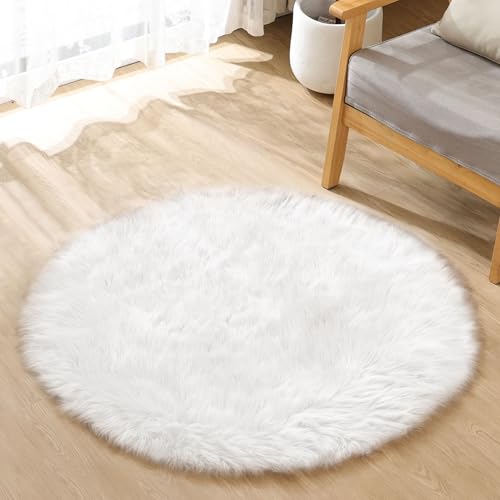 White Fluffy Faux Fur Rugs for Bedroom Sheepskin Machine Washable Shag Area Rugs for Living Room Small Circle Boho Round Rug 3ft (3' (Round) / White)