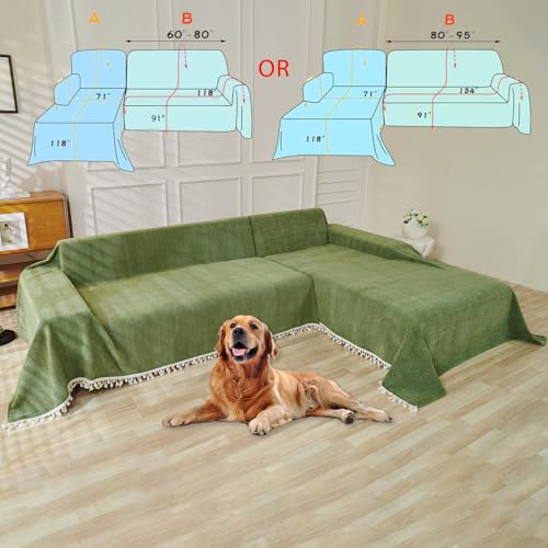 Green Sofa Cover Vintage Couch Cover for Dogs 71" X134" Couch Cushion Covers with Tassel Herringbone Sofa Cover Boho Sofa Covers for 3 Cushion Couch Chenille Soft Loveseat Sofa Covers (71" x 134" / Tassel Ball: Green)
