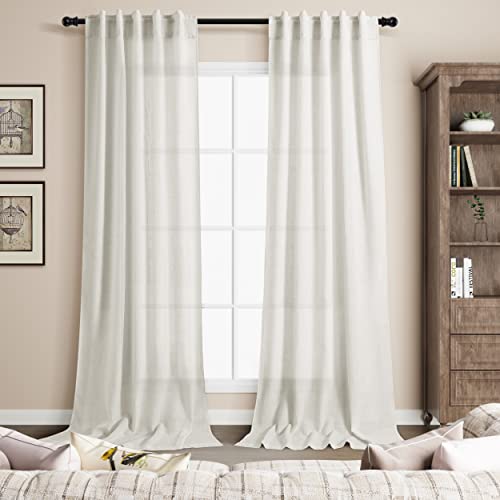 2 Panels Set Cream Linen Curtains 108 inches Long for Living Room Extra Back Tab Neutral Farmhouse Light Filtering Semi Sheer Drapes Ceiling to Floor Ivory 9 FT 38 Wide (38"W x 108"L (Pack of 2) / Natural)