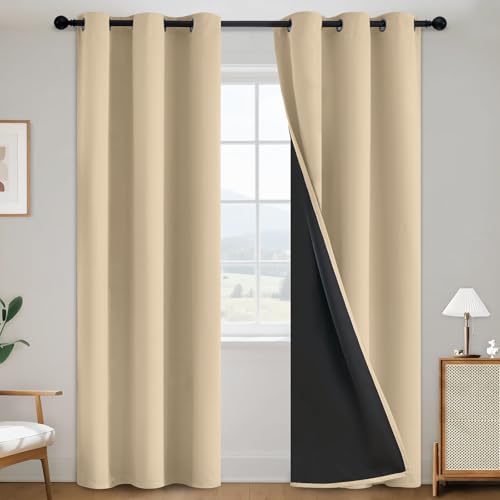 Beige 100% Blackout Curtains Room Darkening Living Room 84 Inch (Beige / 38"W x 84"L (Pack of 2))