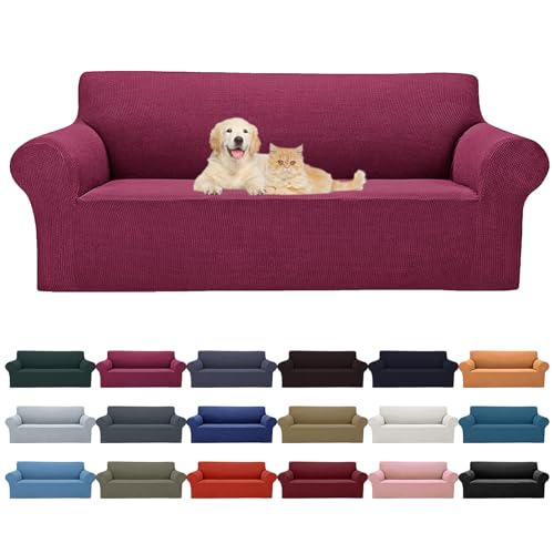 2026 New Stretch Oversized Sofa Slipcovers Couch Sofa Cover for 4 Seater Furniture Protector Covers with Elastic Bottom Jacquard Fabric Small Checks for Pets (Wine / Oversized Sofa)