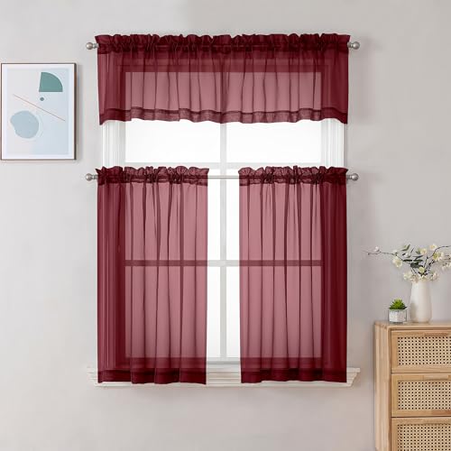 Sheer Valances for Windows 2 Pack (Burgundy / 42"W x 14"L (Pack of 2))