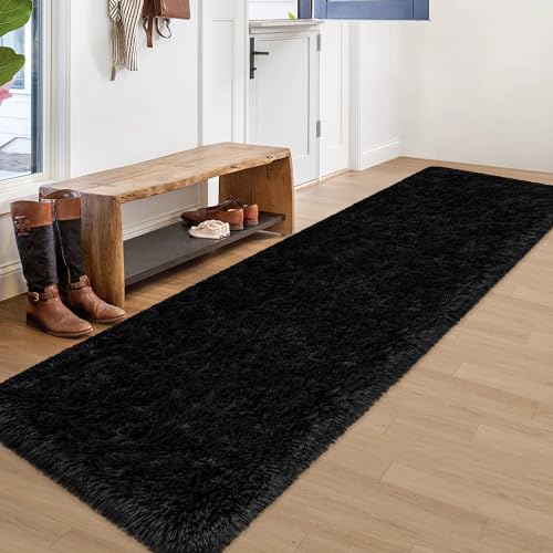 2x8 Bedside Area Rugs for Bedroom Soft Fluffy Shag Black Rug for Hallway Non (Black / 2' x 8' (Runner))