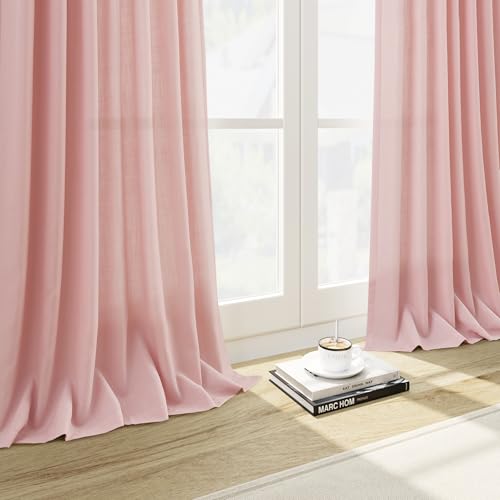 Pink Linen Curtains 90 Inch Long 2 Panels Set for Baby Girl Bedroom Pink Soft Linen Textured Window Drapes Semi Sheer Light Filtering Rod Pocket Back Tab Farmhouse Curtain 52x90 (52"W x 90"L (Pack of 2) / Pink)