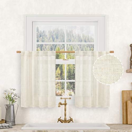 Short Kitchen Window Semi Sheer Linen Curtains Over Sink 34x36 Inch (Natural / 34"W x 36"L (Pack of 2))