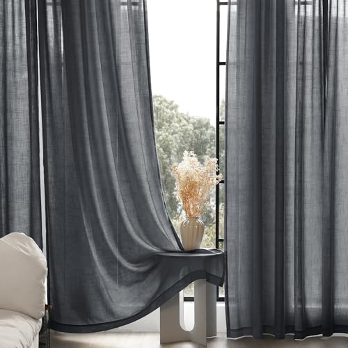 Dark Gray Curtains for Living Room Back Tab Modern Farmhouse Semi Sheer Gray Curtains 96 inches Long 2 Panels Set Muted Neutral Window Curtain for Dining Room Bedroom 52x96 (Dark Gray / 52"W x 96"L (Pack of 2))
