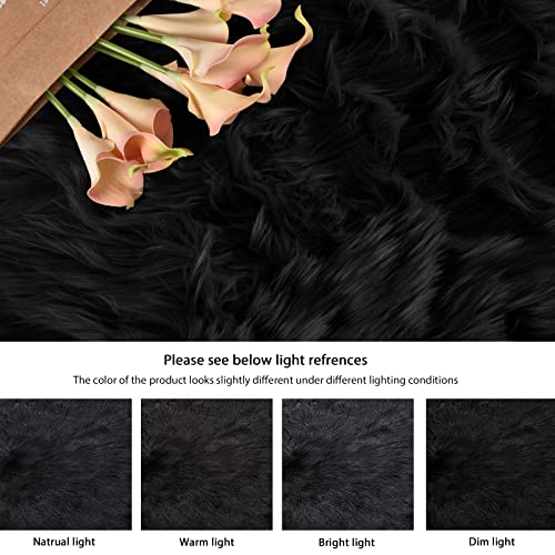 Washable Faux Fluffy Fur Round Area 6.6ft Rugs for Living Room Black Large Furry Rug for Bedroom Boho Circle Nursery Rug Teen Room Décor (6'7" (Round) / Black)