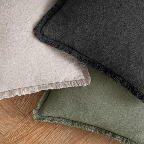 Boho Linen Fringe Decorative Throw Pillow Covers Black 16x16 (16" x 16" (Pack of 2) / Black)