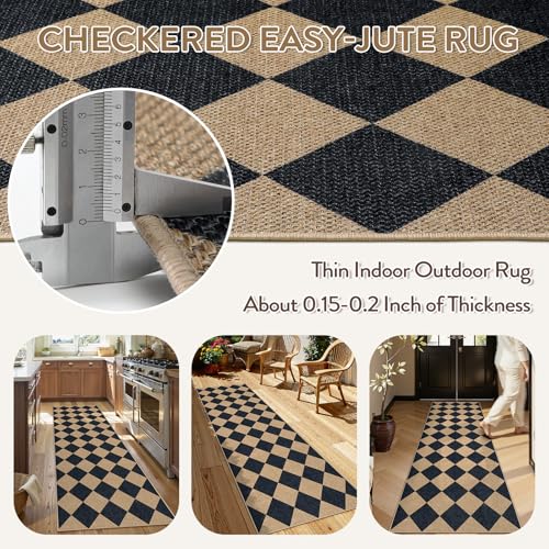 Checkered Easy Jute Non Slip Kitchen Runner (2'6" x 8' (Runner) / Black/Checkerboard -2)