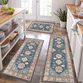 HEBE Boho Kitchen Rugs Set of 3 (Blue/Coffee / 20"x32"+20"x48"+20"x59")