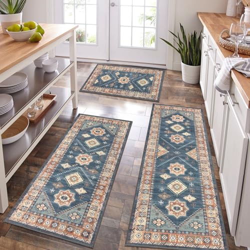 HEBE Boho Kitchen Rugs Set of 3 (Blue/Coffee / 20"x32"+20"x48"+20"x59")