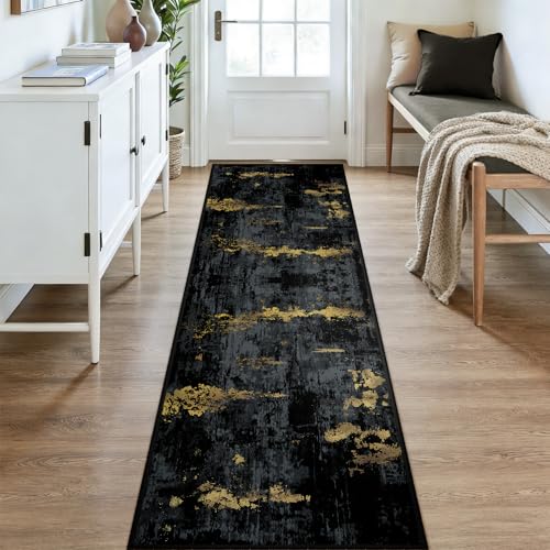 Washable Runner 3'x9' Abstract Area Rug for Hallway Black Gold (Black/Gold / 3' x 9' (Runner))