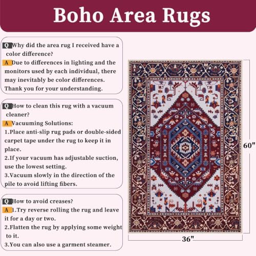 3x5 Washable Non Slip Boho Area Rug for Bedroom (Burgundy Navy/Multi / 3' x 5' (Rectangular))