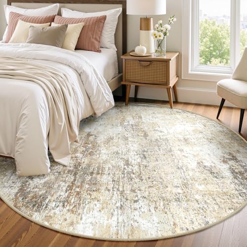 Washable Round 6ft Area Rug for Living Room Neutral Brown (Gray/Neutral Brown / 6' (Round))