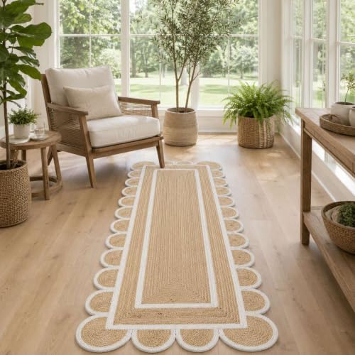 Jute Runner Rug 2x16 Ft with Scalloped Border (Off White / 2' x 16' (Rectangular))