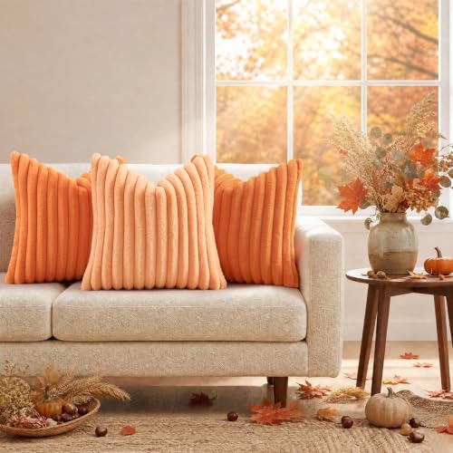 Fall Faux Fur Throw Pillow Covers 18x18 Set of 2 Pumpkin Orange (Pumpkin Orange / 18" x 18" (Pack of 2))