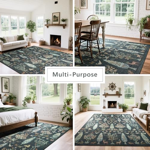 Washable Rugs 8x10 Area Rug for Living Room (8' x 10' (Rectangular) / Tree of Life- Dark Green)