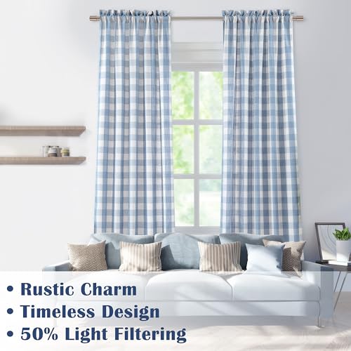 Short Beige Dusty Blue Buffalo Plaid Curtains 54 Inches Long (Dusty Blue/Beige / 40"W x 54"L (Pack of 2))