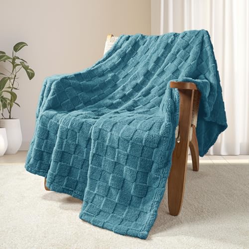 3D Checkered Fleece Throw Blanket for Couch (Slate Blue / Throw (50"x60"))