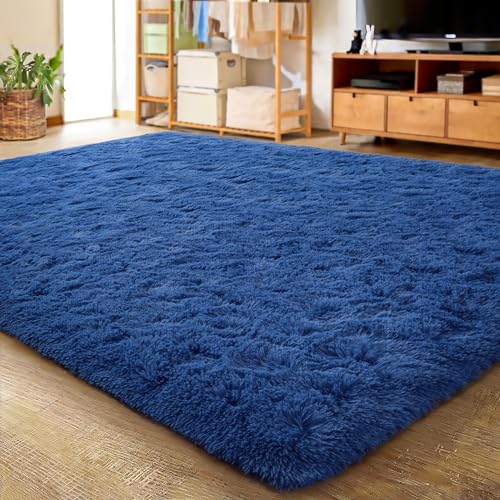 Area Rugs Fluffy Living Room Carpets for Bedroom 4x5.3 (Light Navy / 5.3' x 7.5' (Rectangular))