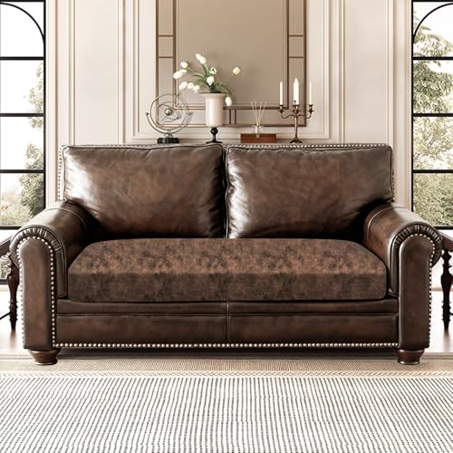 Leather Look Couch Cushion Covers Sofa Seat Slipcovers Sets Couches Furniture Protector for Sectional Armchair Loveseat Pets Kids Stretch Spandex Fabric (1 Cushion Loveseat / Dark Brown)