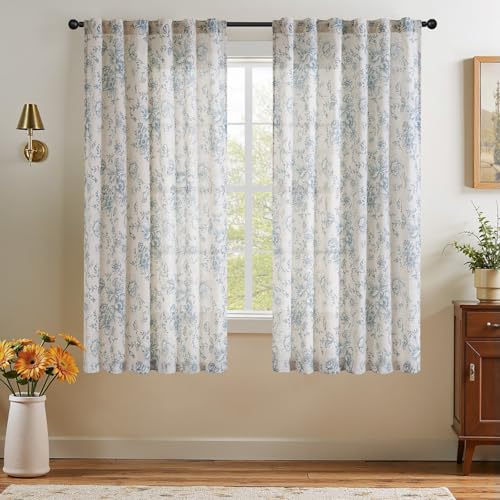 Blue Floral Linen Curtains 45 Long for Living Room 2 Panels (Blue / 50"W x 45"L (Pack of 2))