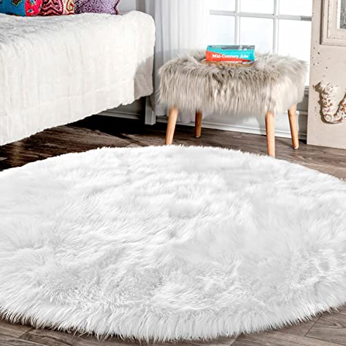 Round Rugs 8ft White Circle Area Washable Fluffy Rug Faux Fur Soft Sheepskin Plush Shaggy Rug for Living Room Bedroom Large Floor Rugs Home Decor (8' (Round) / White)