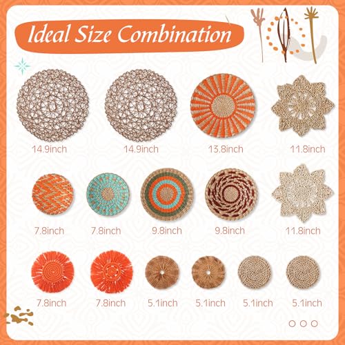 15 Pcs Boho Rattan Wall Baskets Hanging Decor (Orange Style)