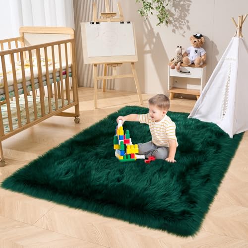 Ultra Soft Fluffy Shaggy Area Rug Faux Fur Rug Chair Cover Seat Pad Fuzzy Area Rug for Bedroom Floor Sofa Living Room (Darkgreen / 4' x 6' (Rectangular))