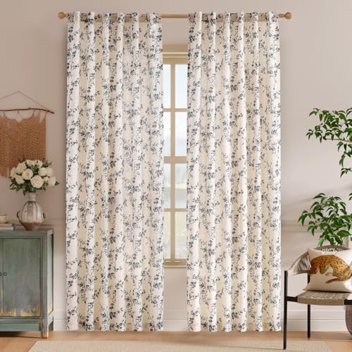 Black Vintage Floral Linen Curtains Farmhouse 50W X 84L 2 Panels (Black on Beige / 50"W x 84"L (Pack of 2))